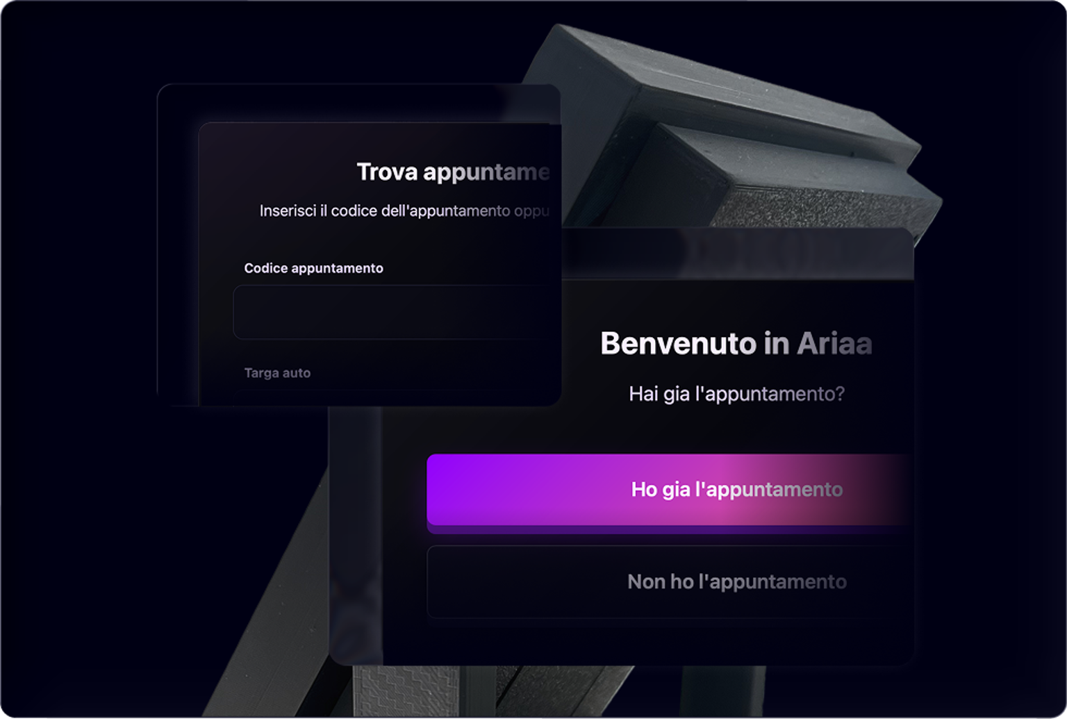 Schermata di benvenuto dell'interfaccia Ariaa con pulsanti di azione